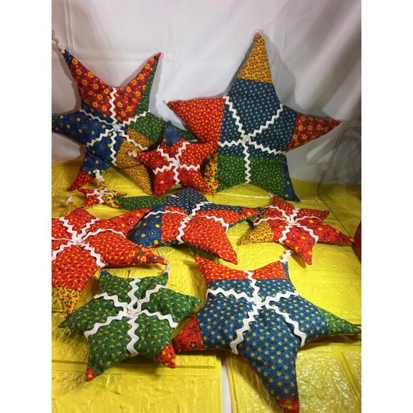 Vintage Christmas Hand Sewn Cloth Fabric Stuffed Star Ornaments Tree Set 11 - Picture 6 of 16